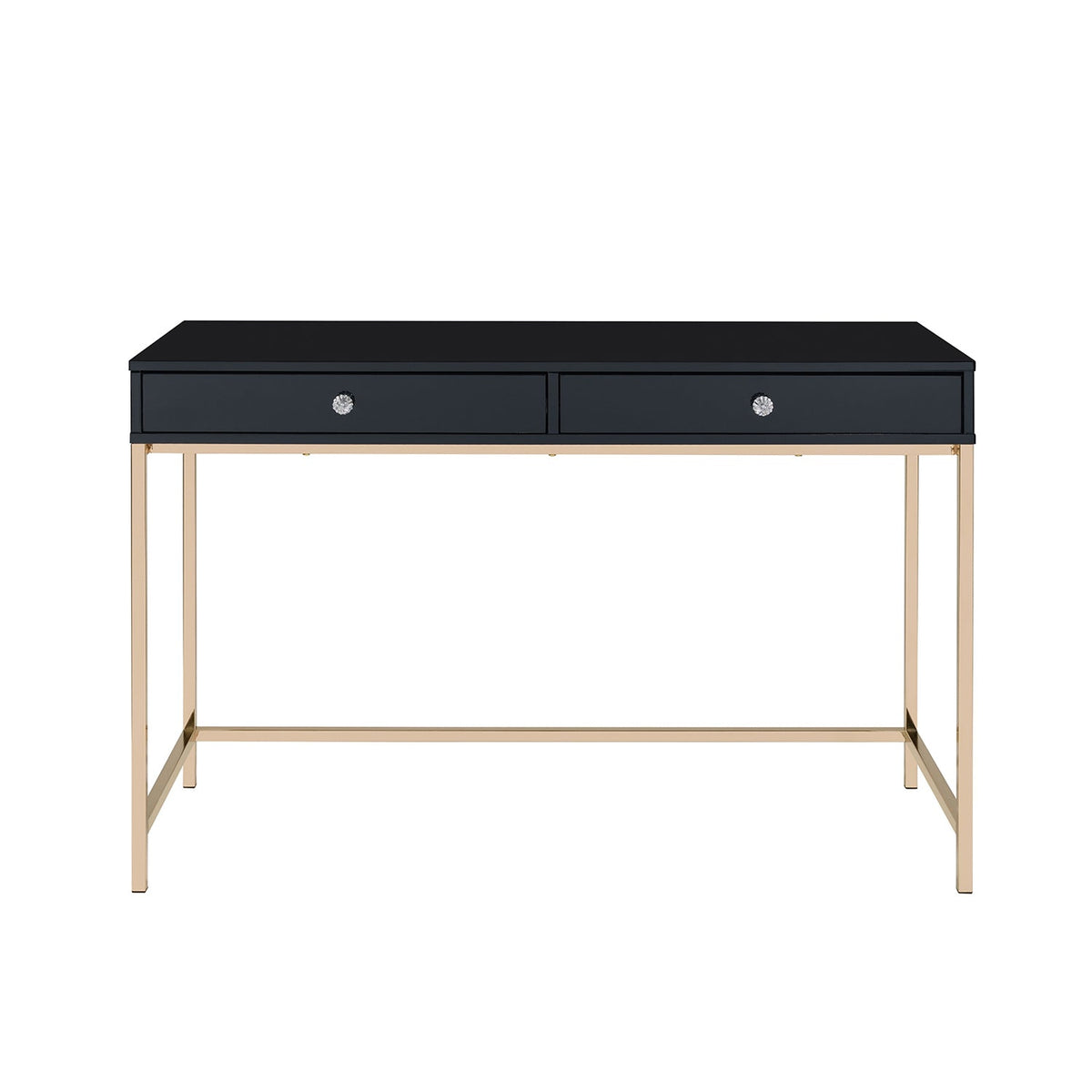 Rectangular Writing Desk with 2 Drawers, Black High Gloss and Gold