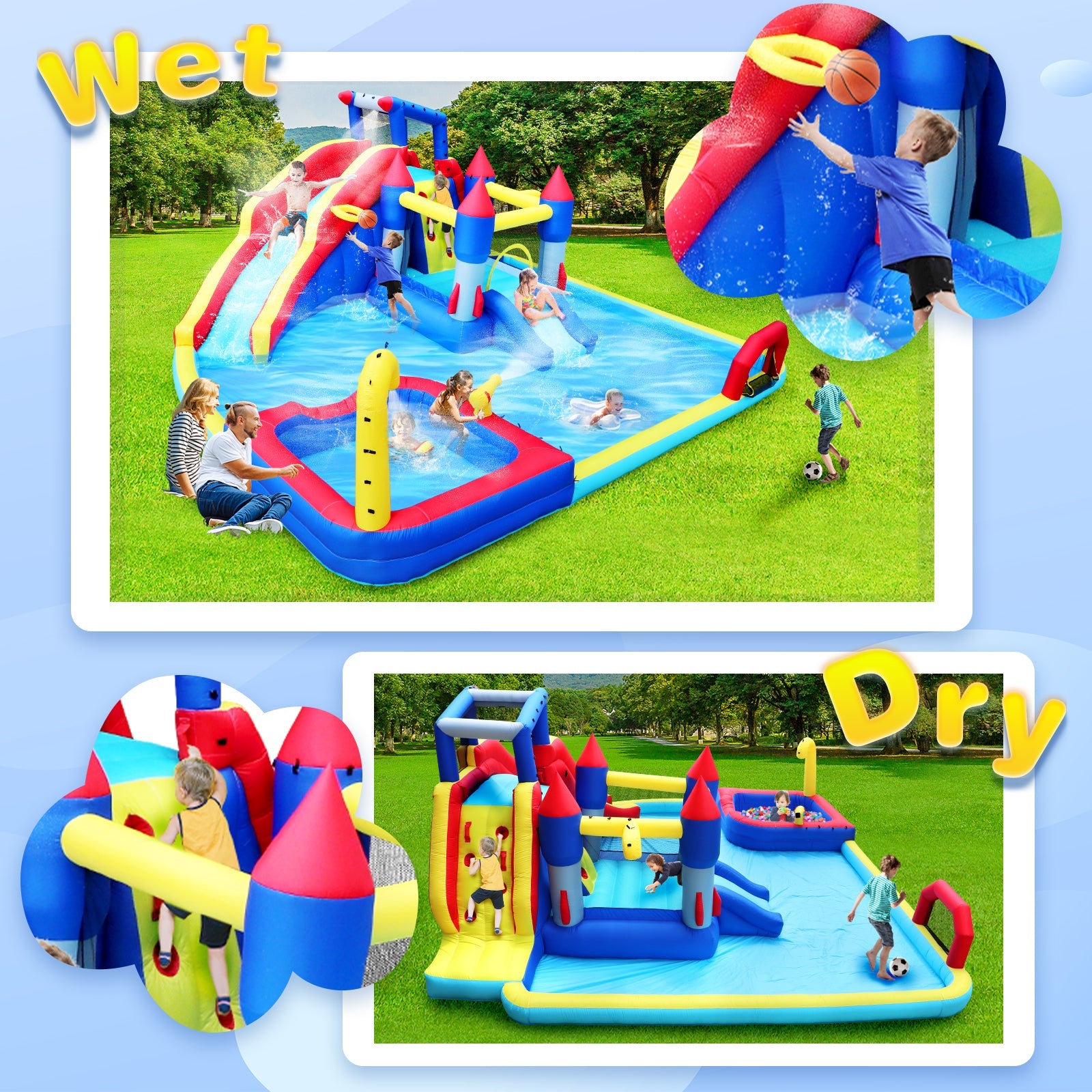 Inflatable 10 in1 slide water park  bouncing house garden with splash pool & water gun & basketball & climbing wall & dual pools & soccer