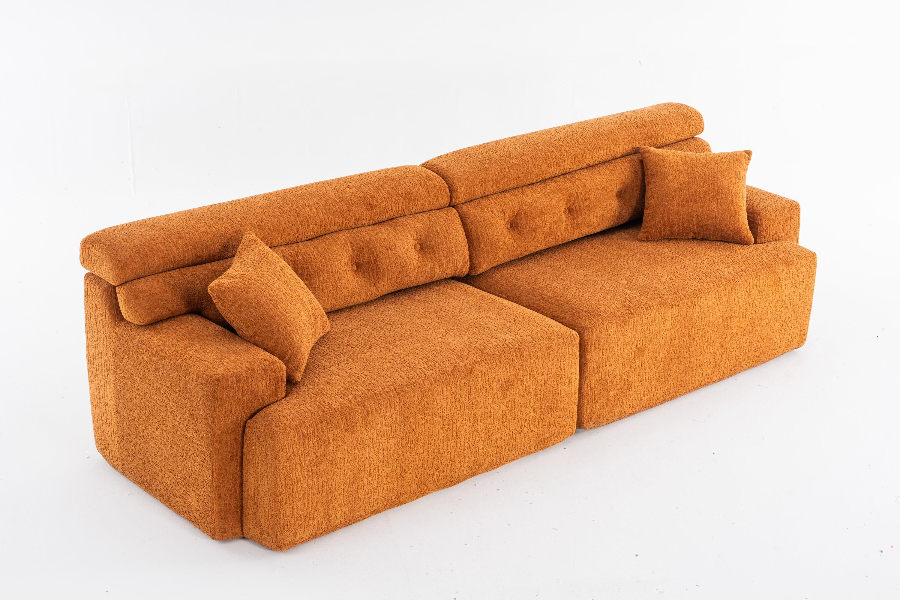 LY-029 Reconfigurable 4-Seater Sectional Sofa with Wood Grain Chenille Fabric, Amber Orange Modular Sofa with 2 Pillows, High-Density Sponge Couch for Living Room & Apartment