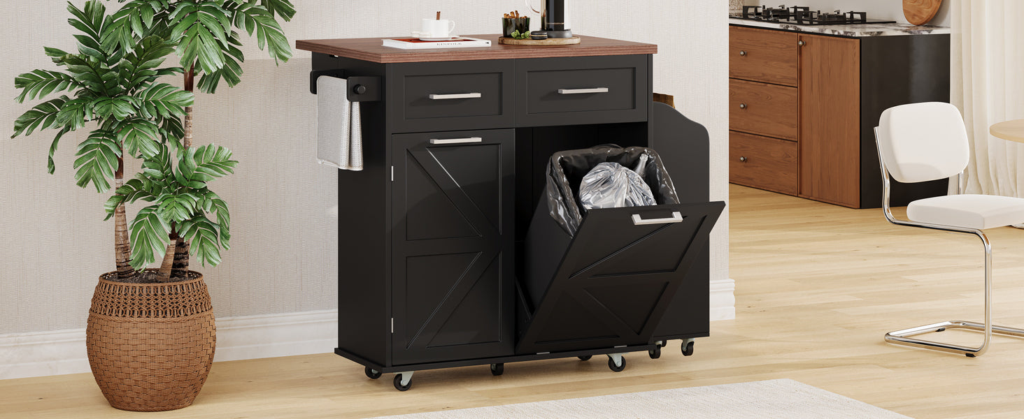 K&K 47.2' Farmhouse Kitchen Island with Drop Leaf, Kitchen Storage Island with Removable Side Racks, Two Drawers, Rolling Kitchen Cart on Wheels with Towel Rack, for Home, Kitchen, Dining Room, Black