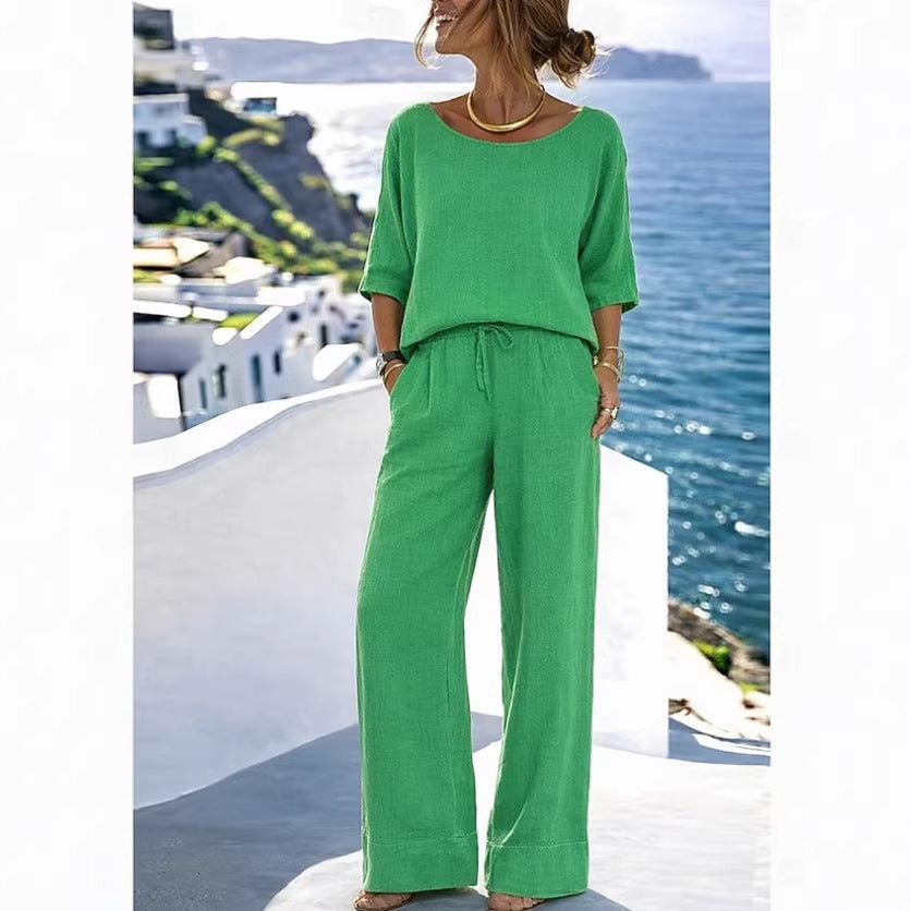 Women's Cotton Linen Resort Set – Short Sleeve Top & Wide-Leg Pants