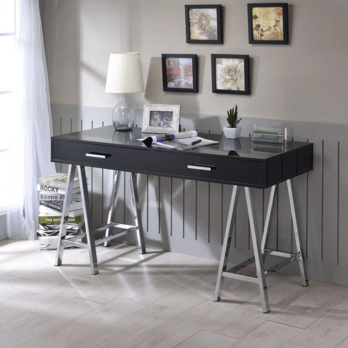 2 Drawers Writing Desk with Metal Base, Black High Gloss and Chrome