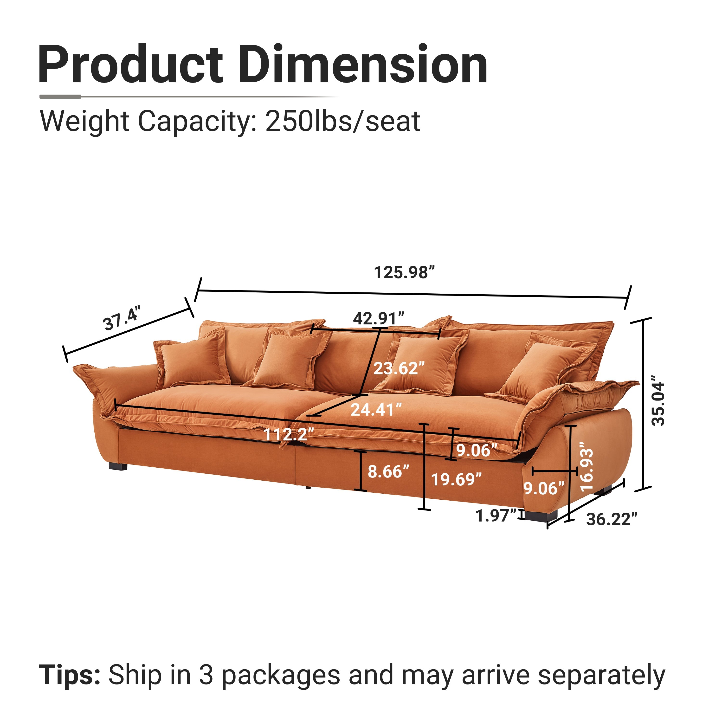 Modular Sectional Sofa, Sailing Design Sofa with Storage, Removable Backrest, Modern Deep Seat Sofa with Throw Pillows for Living Room Bedroom Apartment,Orange