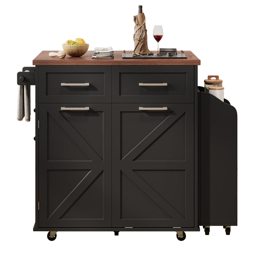 K&K 47.2' Farmhouse Kitchen Island with Drop Leaf, Kitchen Storage Island with Removable Side Racks, Two Drawers, Rolling Kitchen Cart on Wheels with Towel Rack, for Home, Kitchen, Dining Room, Black