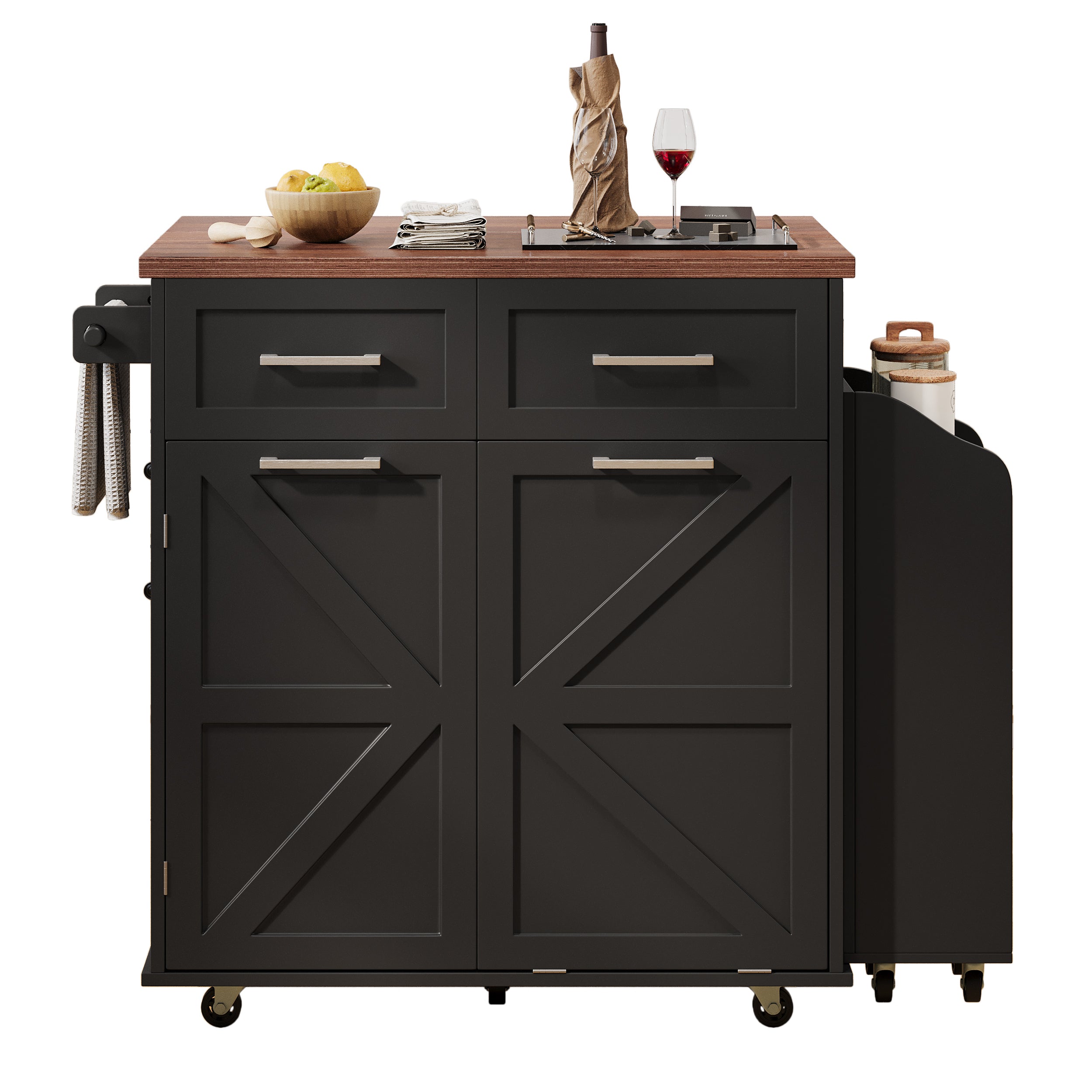 K&K 47.2' Farmhouse Kitchen Island with Drop Leaf, Kitchen Storage Island with Removable Side Racks, Two Drawers, Rolling Kitchen Cart on Wheels with Towel Rack, for Home, Kitchen, Dining Room, Black
