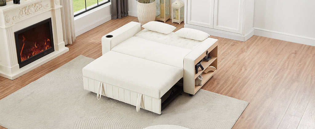 61.4' Pull-out Sofa Bed Convertible Couch Loveseat Sofa Modern Sleeper Sofa with Adjustable Backrest for Living Room, Beige