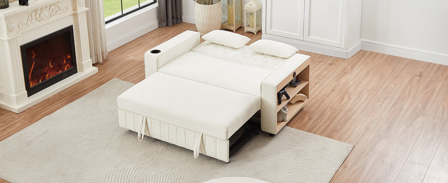 61.4' Pull-out Sofa Bed Convertible Couch Loveseat Sofa Modern Sleeper Sofa with Adjustable Backrest for Living Room, Beige