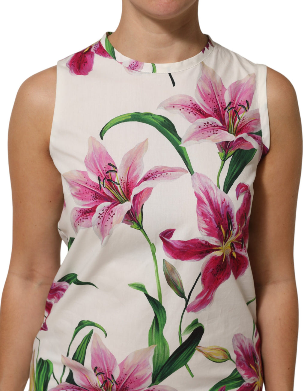 Dolce & Gabbana White Cotton Floral Sleeveless Mini Dress