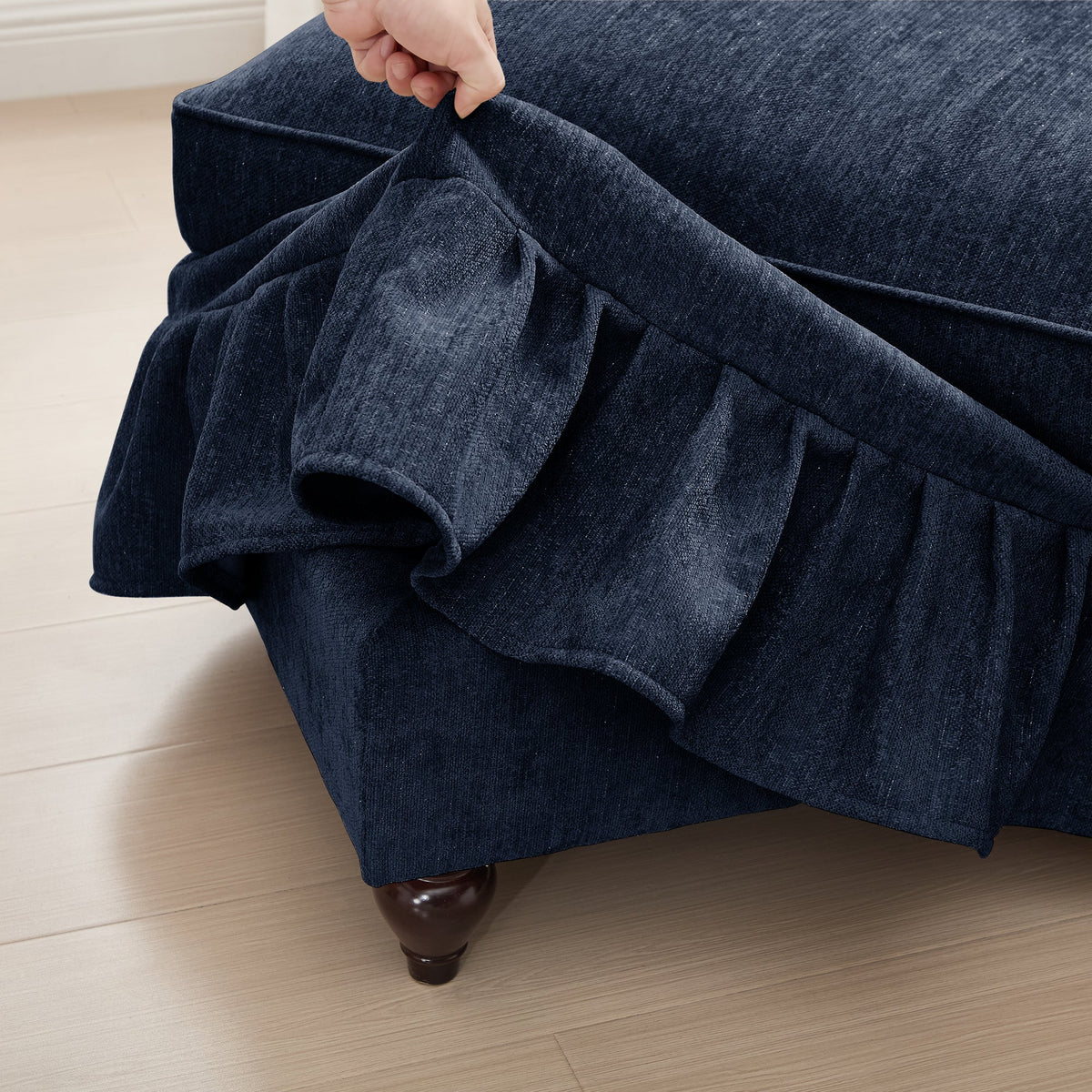 Elegant Mid Century Large 3 Seater Sofa Couch with Flared Arms and Removable Ruffles Pleats Skirts and Spindle Legs, Comfy Chenille Three-Seat Sofa for Living Room, Blue