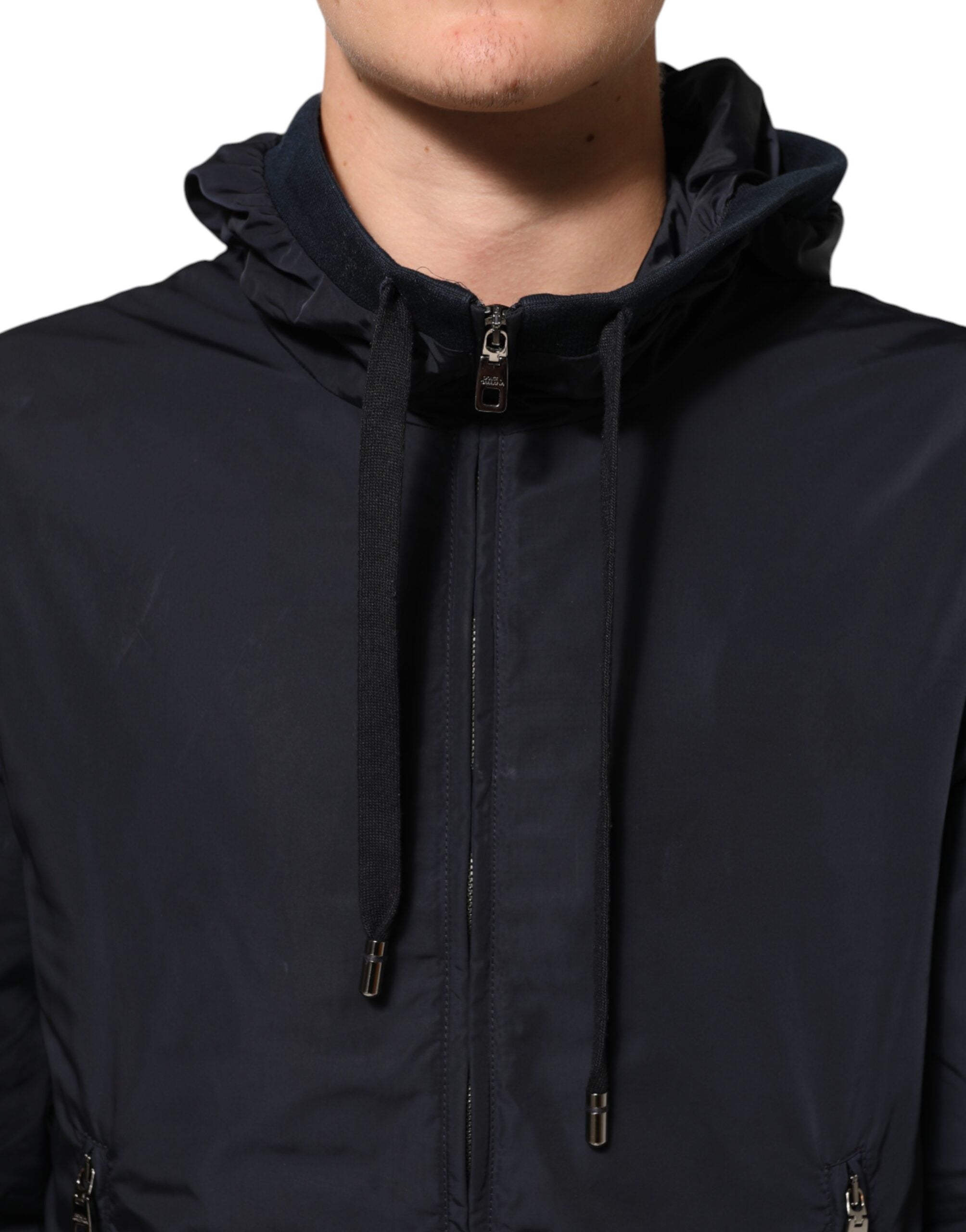 Dolce & Gabbana Blue Logo Tape Hooded Full Zip Bomber Jacket