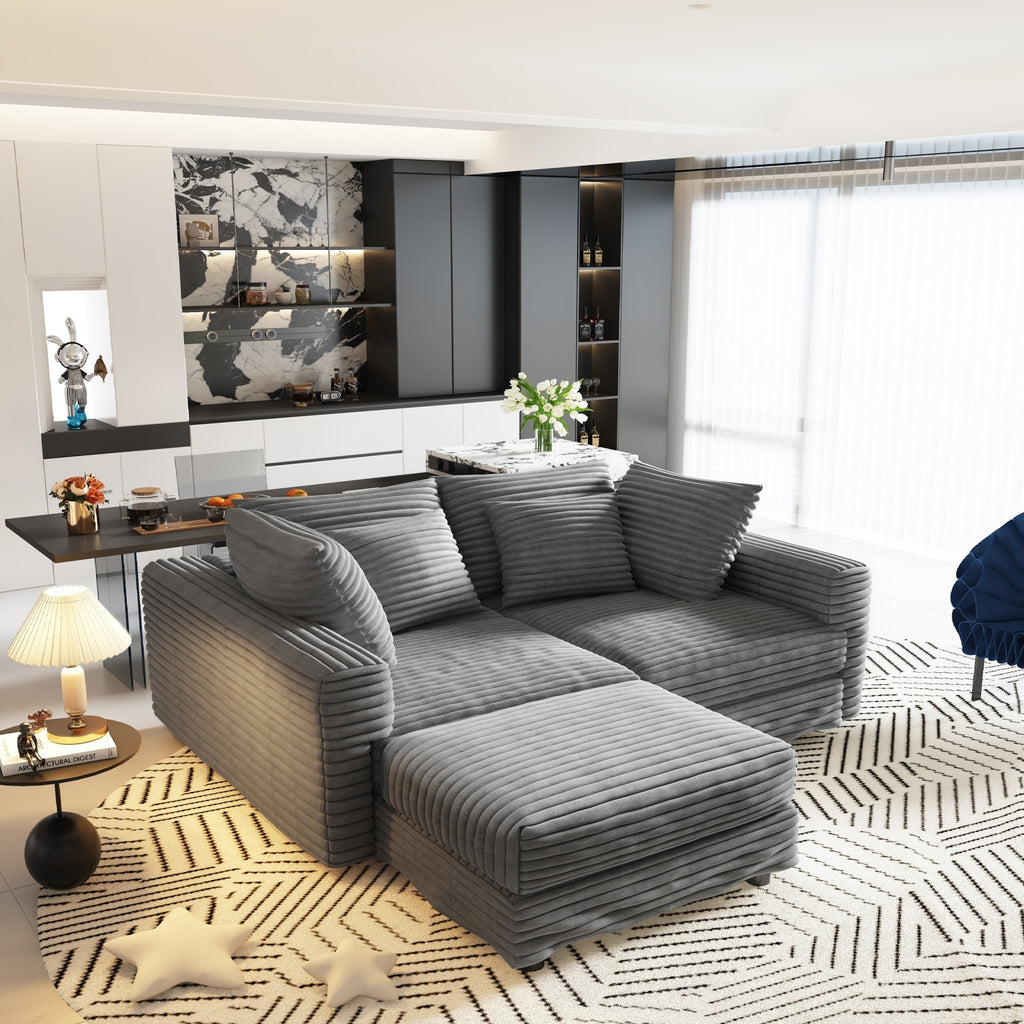 102.4 'Plush Corduroy 4-Seat Sofa,Modern Comfy Upholstered Sofa Cloud Couch,Deep Seat Couches with Soft Pillows and Movable Ottoman,Convertible Sofa Lounge Chair,for Living Room,Apartment,Office,Grey