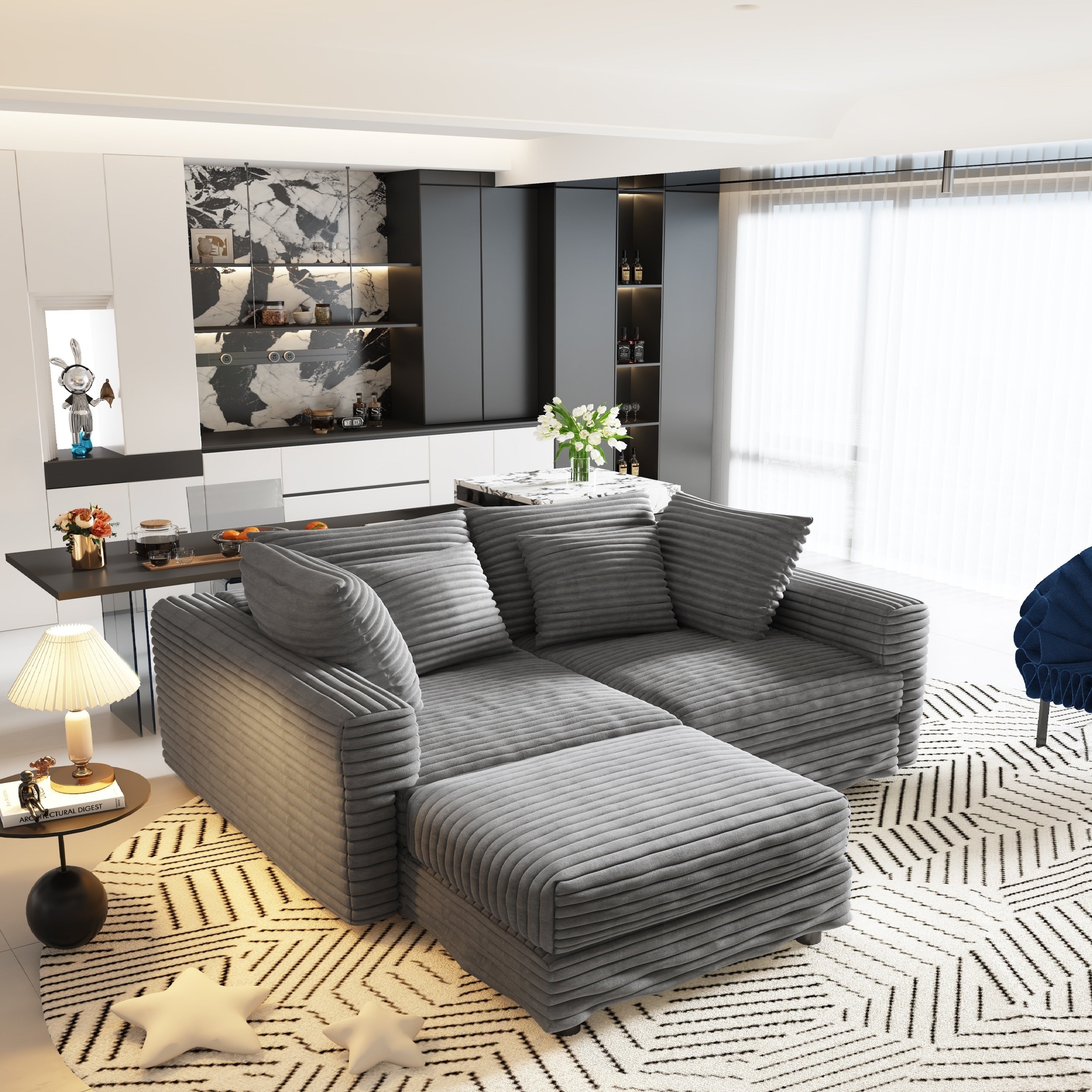 102.4 'Plush Corduroy 4-Seat Sofa,Modern Comfy Upholstered Sofa Cloud Couch,Deep Seat Couches with Soft Pillows and Movable Ottoman,Convertible Sofa Lounge Chair,for Living Room,Apartment,Office,Grey