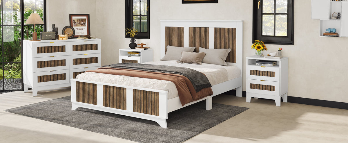 4-Pieces Bedroom Sets, Queen Size Farmhouse Platform Bed with Wooden Strip Stickers Decoration, Storage Nightstand and Dresser with Metal Handle, White(Old SKU: HL000191AAK)