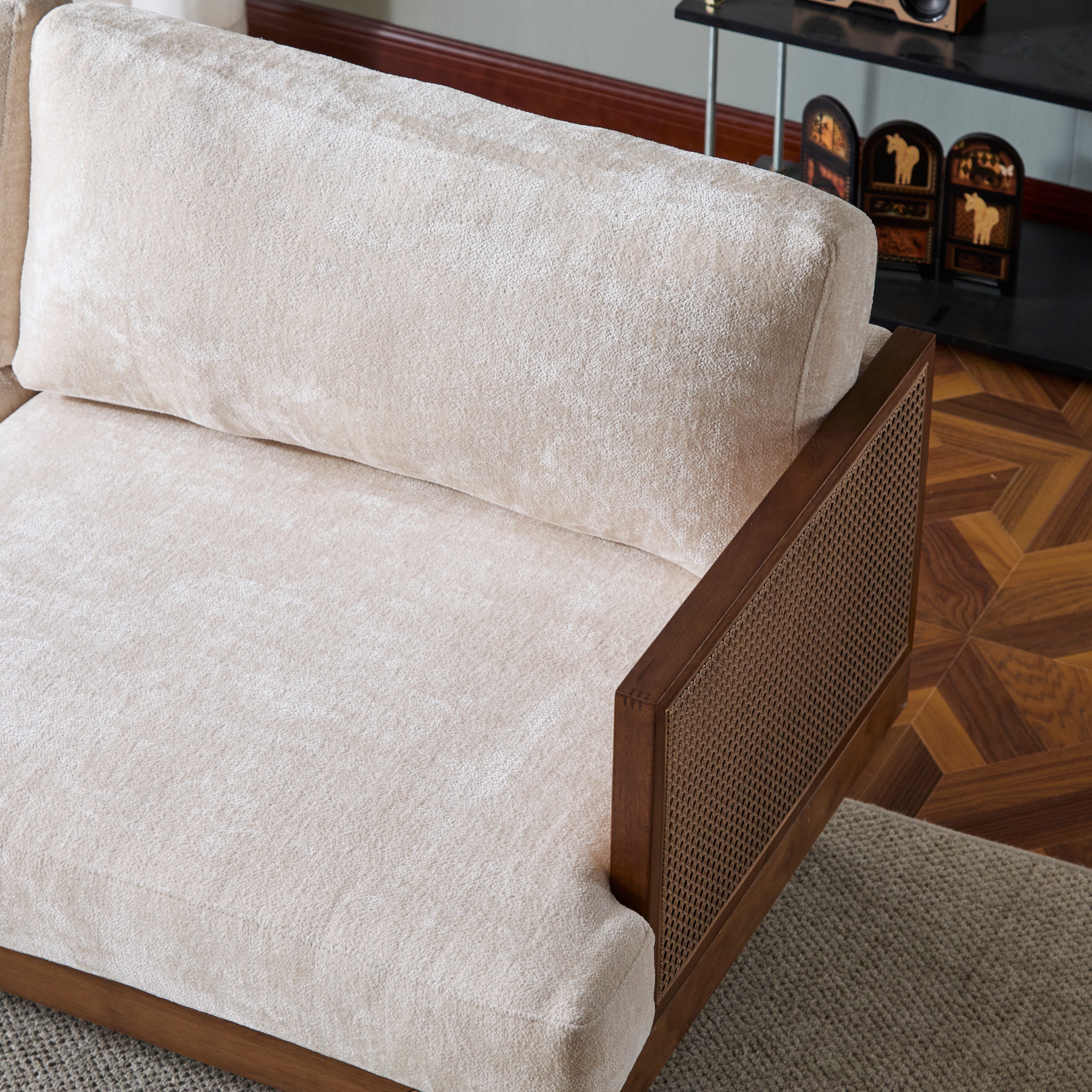 EMIR 72' Square Arm 3-Seater Sofa with Cane Rattan and Wooden Frame,Walnut,,Living Rooms,Bedrooms,Apartment Office