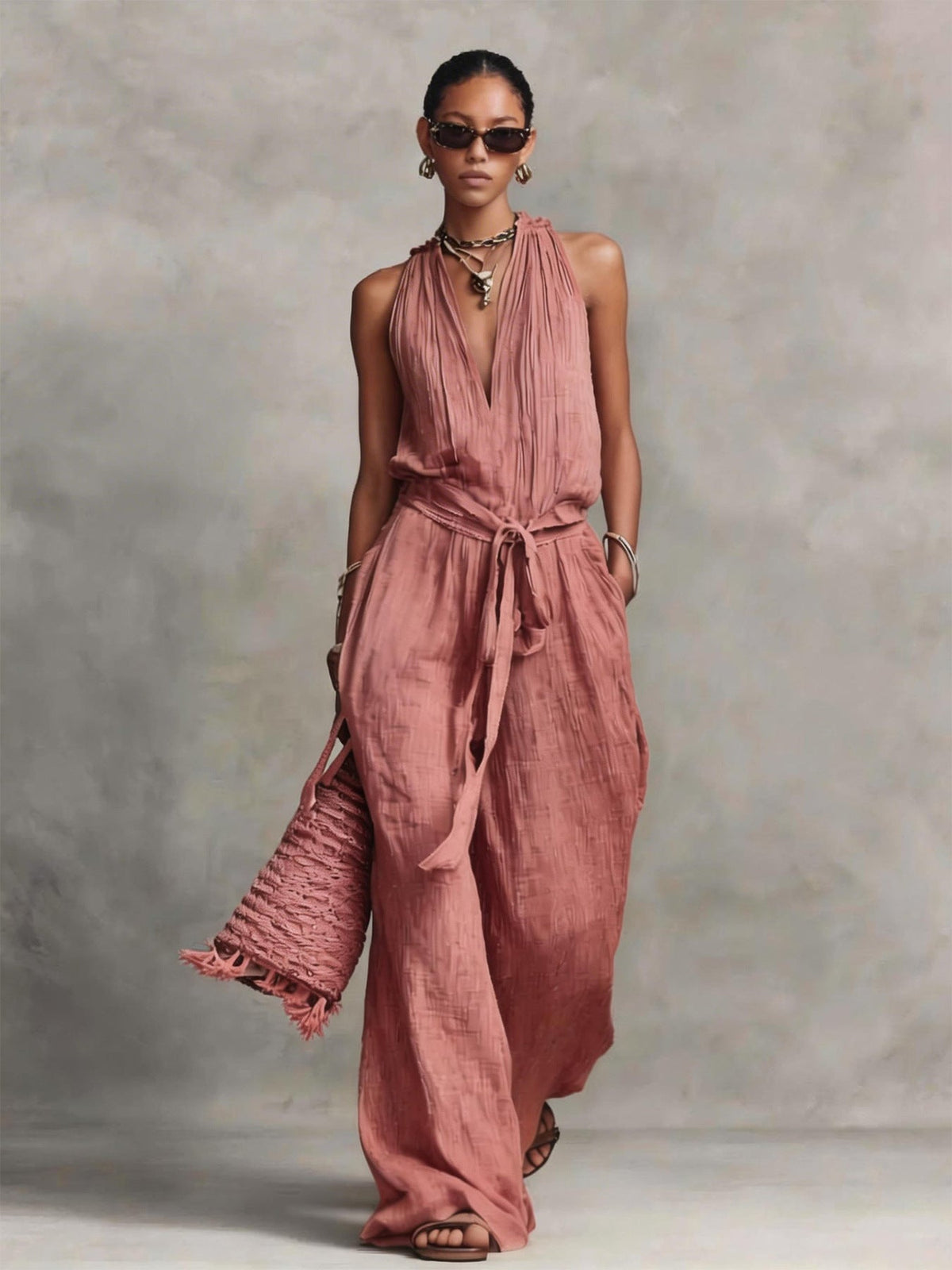 Lace-Up Sleeveless Straight-Leg Jumpsuit | Cotton-Blend