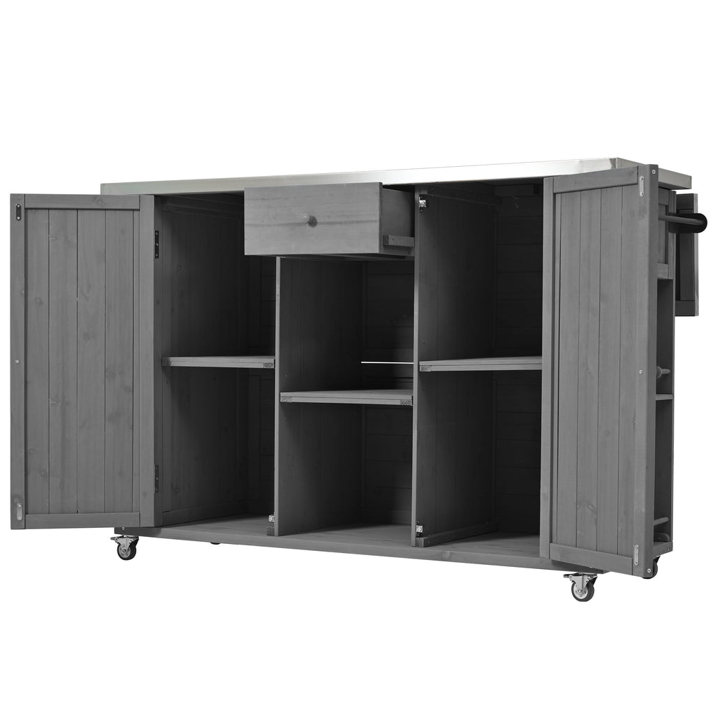 Outdoor Kitchen Island Fir Wood Kitchen Island with Stainless Steel Top, Ample Storage, Towel and Spice Racks, Bottle Opener, Grey