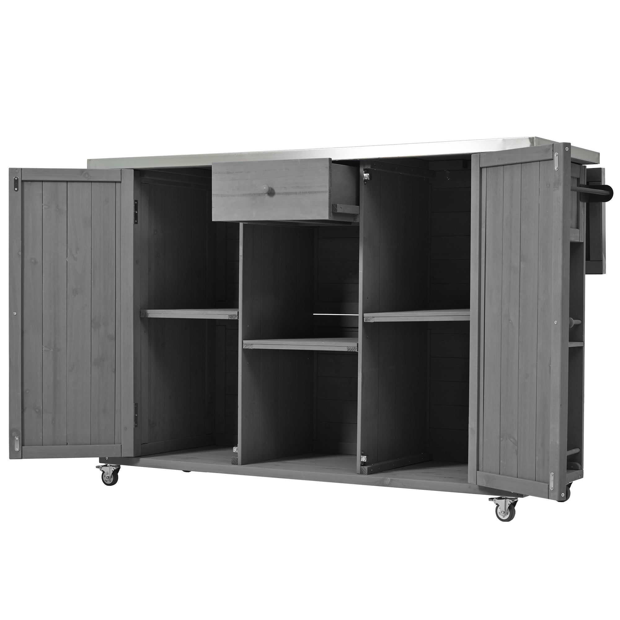Outdoor Kitchen Island Fir Wood Kitchen Island with Stainless Steel Top, Ample Storage, Towel and Spice Racks, Bottle Opener, Grey