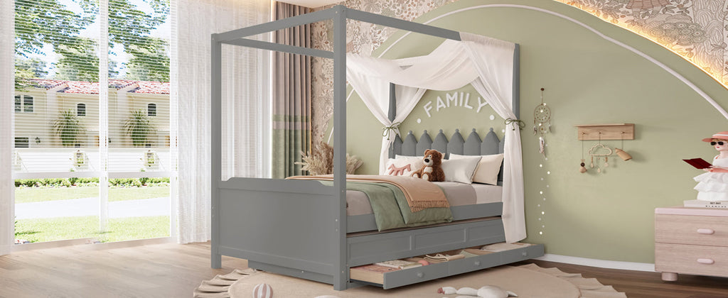 Full Platform Bed with Upholstered Headboard,Twin Size Trundle and 3 Drawers,Princess Canopy Bed Frame for Kids,Storage & Easy Assembly,Gray.