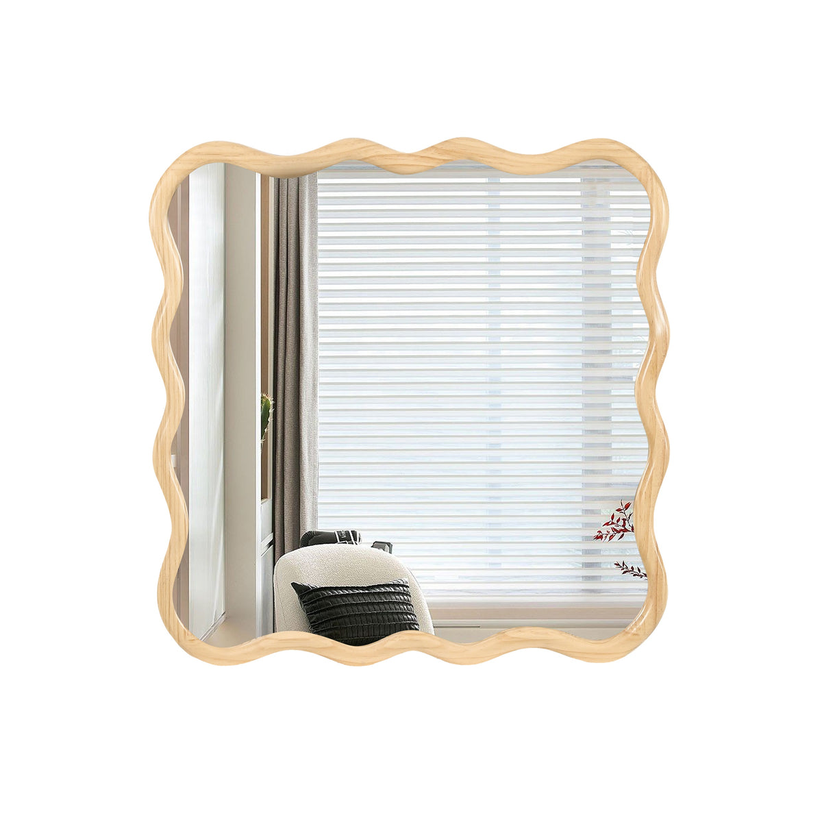 Solid Wood Wavy Square Mirror-Natural Wood 36" x 36" Modern Mirror Wall Decor for Bathroom, Bedroom, Living Room, Dining Room, Cloakroom, Entryway