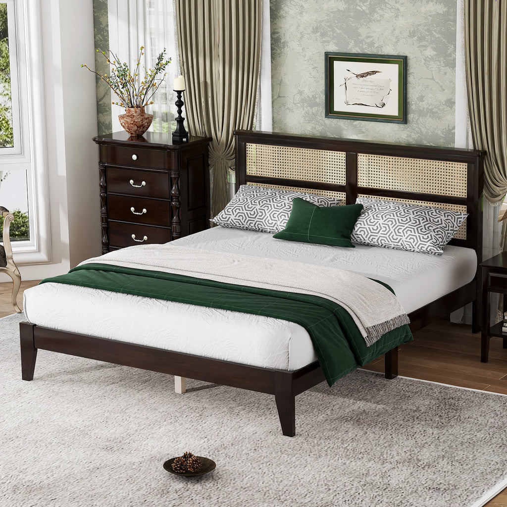 Queen Size Rubber Wooden, Solid Wooden Bed with Rattan Headboard, Enhanced by Support Feet,Espresso