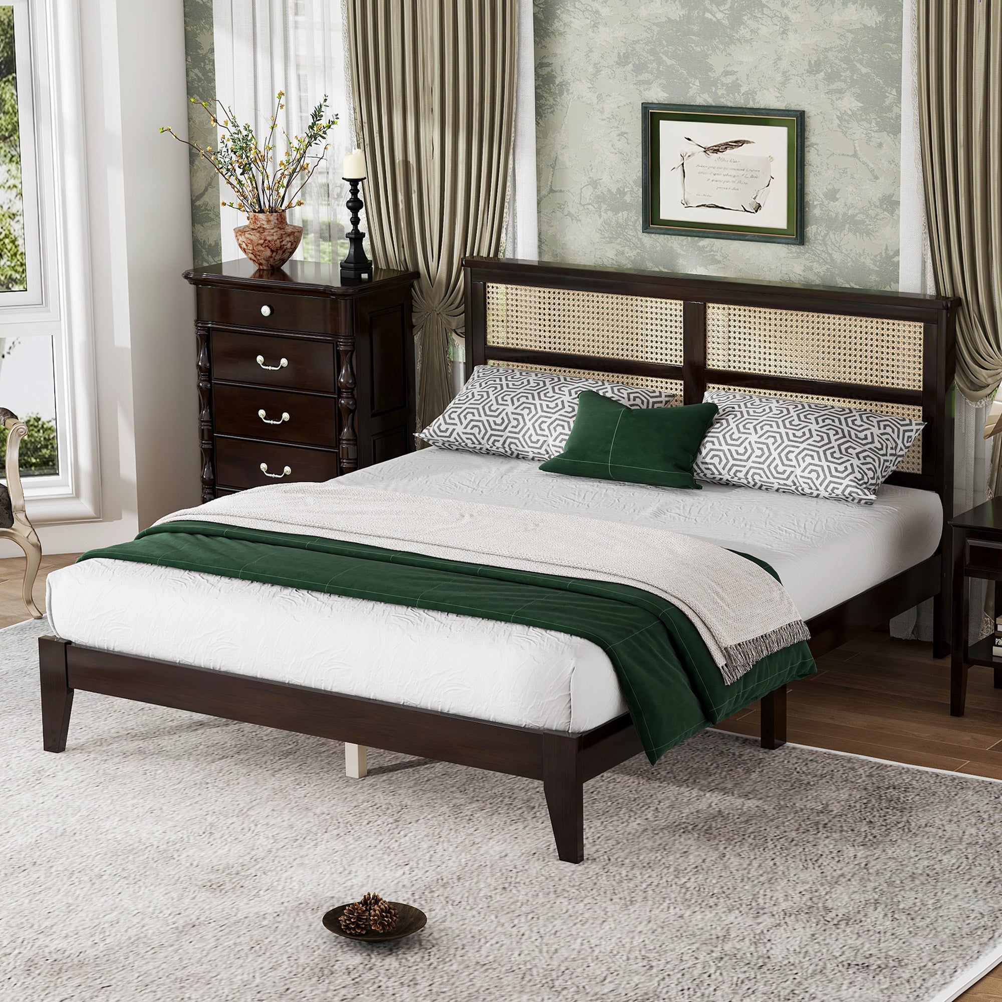 Queen Size Rubber Wooden, Solid Wooden Bed with Rattan Headboard, Enhanced by Support Feet,Espresso