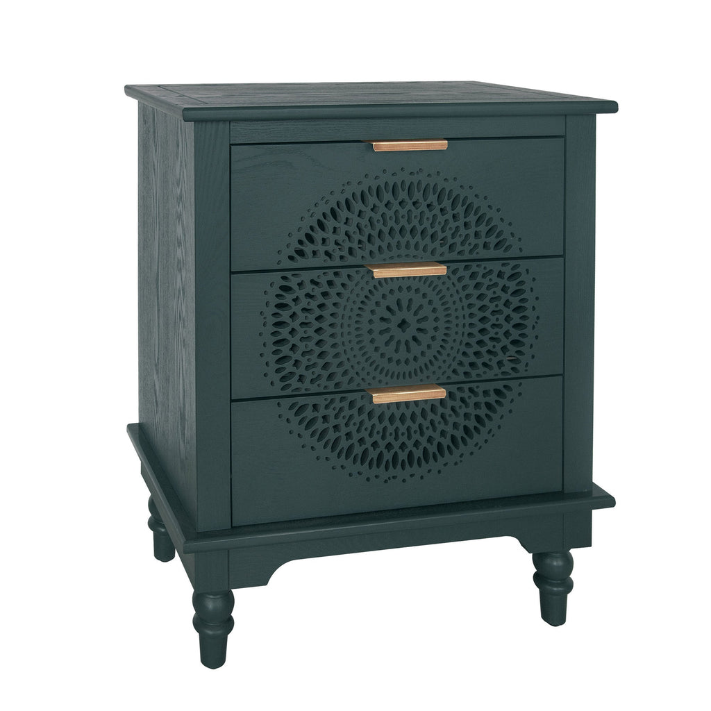 Blackish Green Hollow-Carved 3-Drawer Dresser with Metal Handles, MDF Storage Chest for Living Room or Bedroom