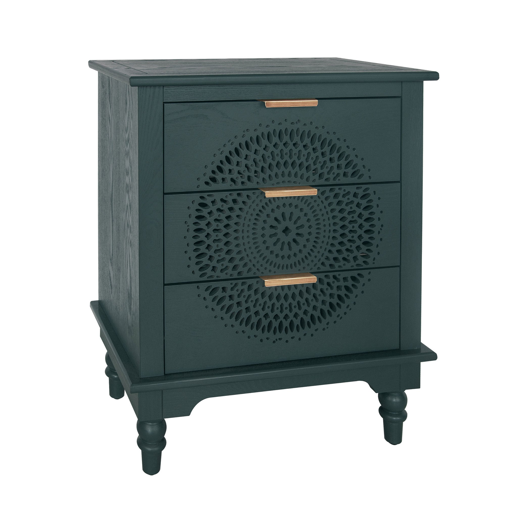 Blackish Green Hollow-Carved 3-Drawer Dresser with Metal Handles, MDF Storage Chest for Living Room or Bedroom