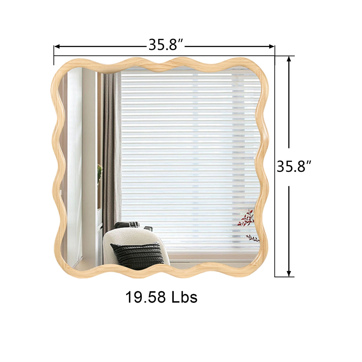 Solid Wood Wavy Square Mirror-Natural Wood 36" x 36" Modern Mirror Wall Decor for Bathroom, Bedroom, Living Room, Dining Room, Cloakroom, Entryway