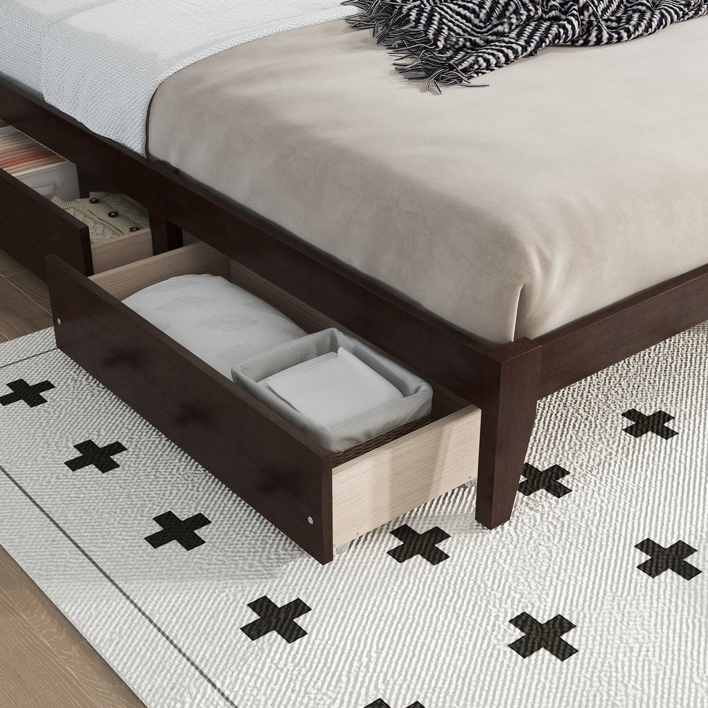 King Size Bed with Rattan Headboard, Two Storage Drawers, Rubber Wood Bed with Enhanced  Support Salts and Feet,Espresso