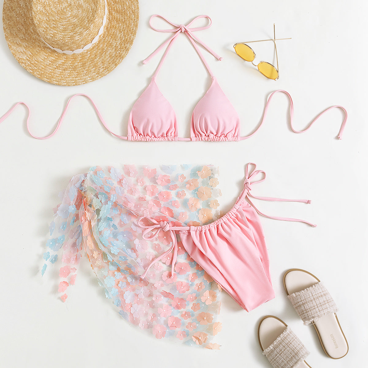 Bikini Swimsuit Women Three-Piece Suit Sexy Bikini Halter Lace-up Floral Gauze Skirt Swimsuit