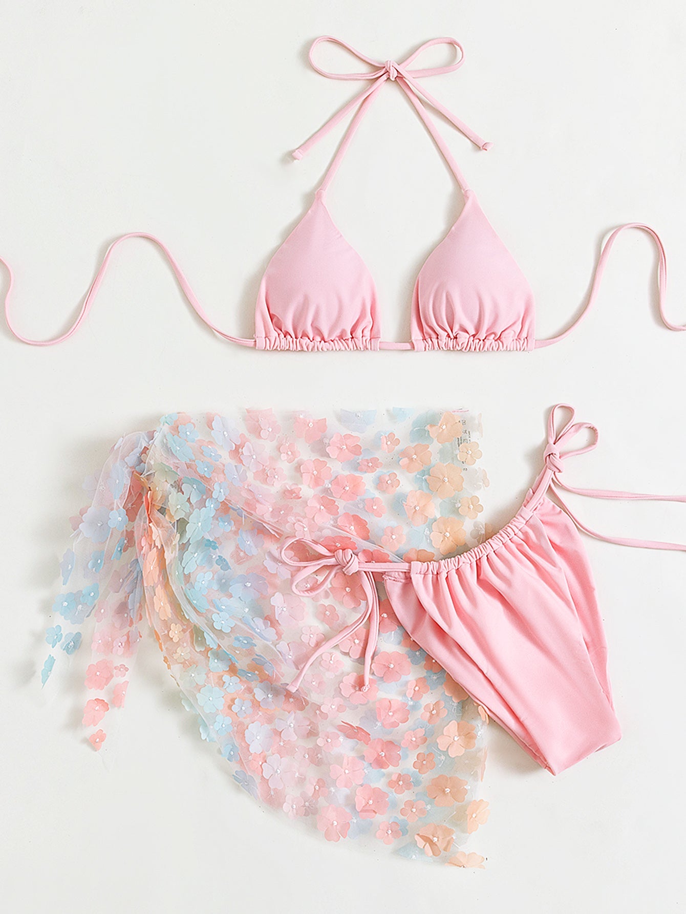 Bikini Swimsuit Women Three-Piece Suit Sexy Bikini Halter Lace-up Floral Gauze Skirt Swimsuit