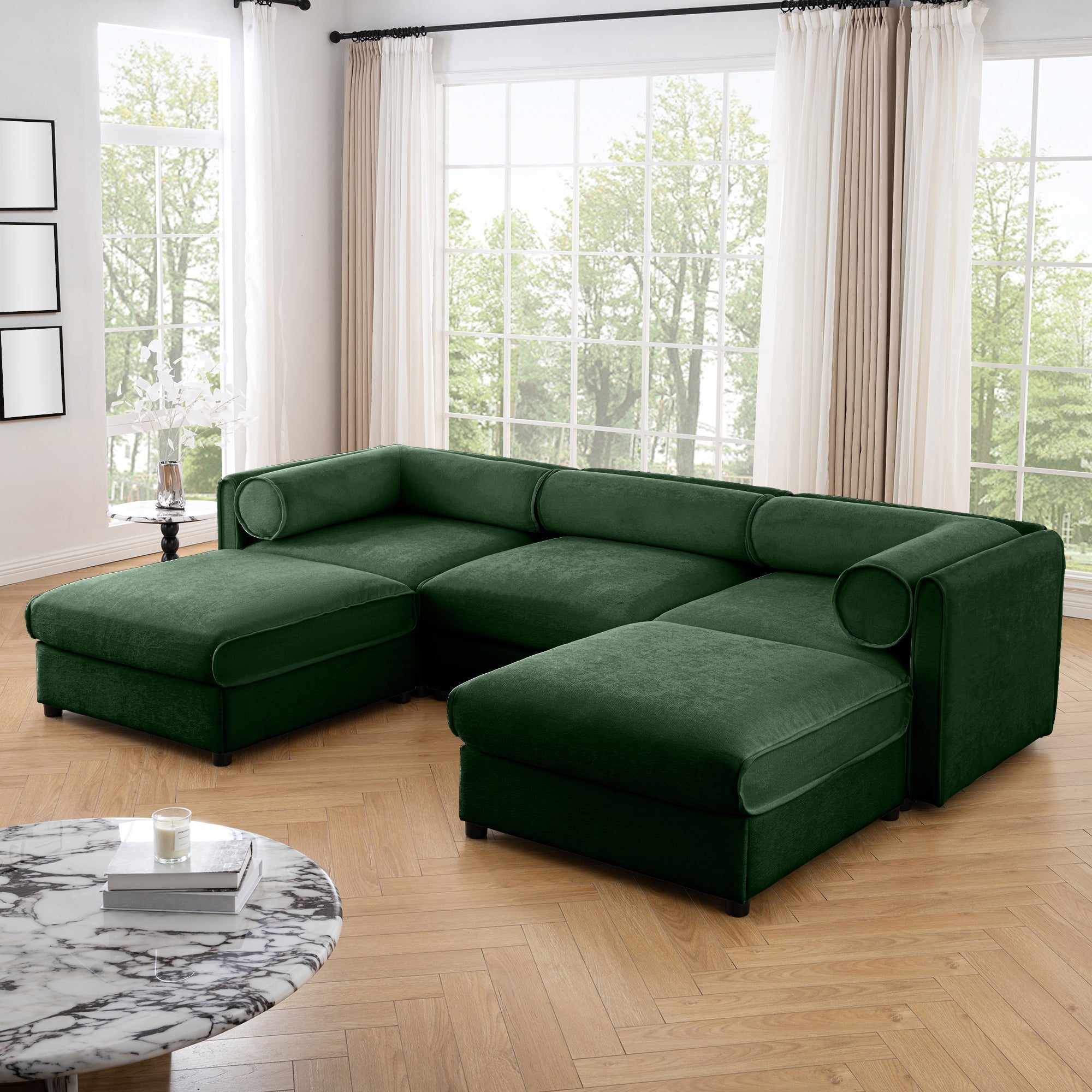 Elegant Green Chenille  Sofa with Storage Seat and Ottoman, U-Shaped 3-Seater Cylindrical Backrest and Armrests, Contemporary 3-Seater Fabric Couch with Hidden Storage Compartment