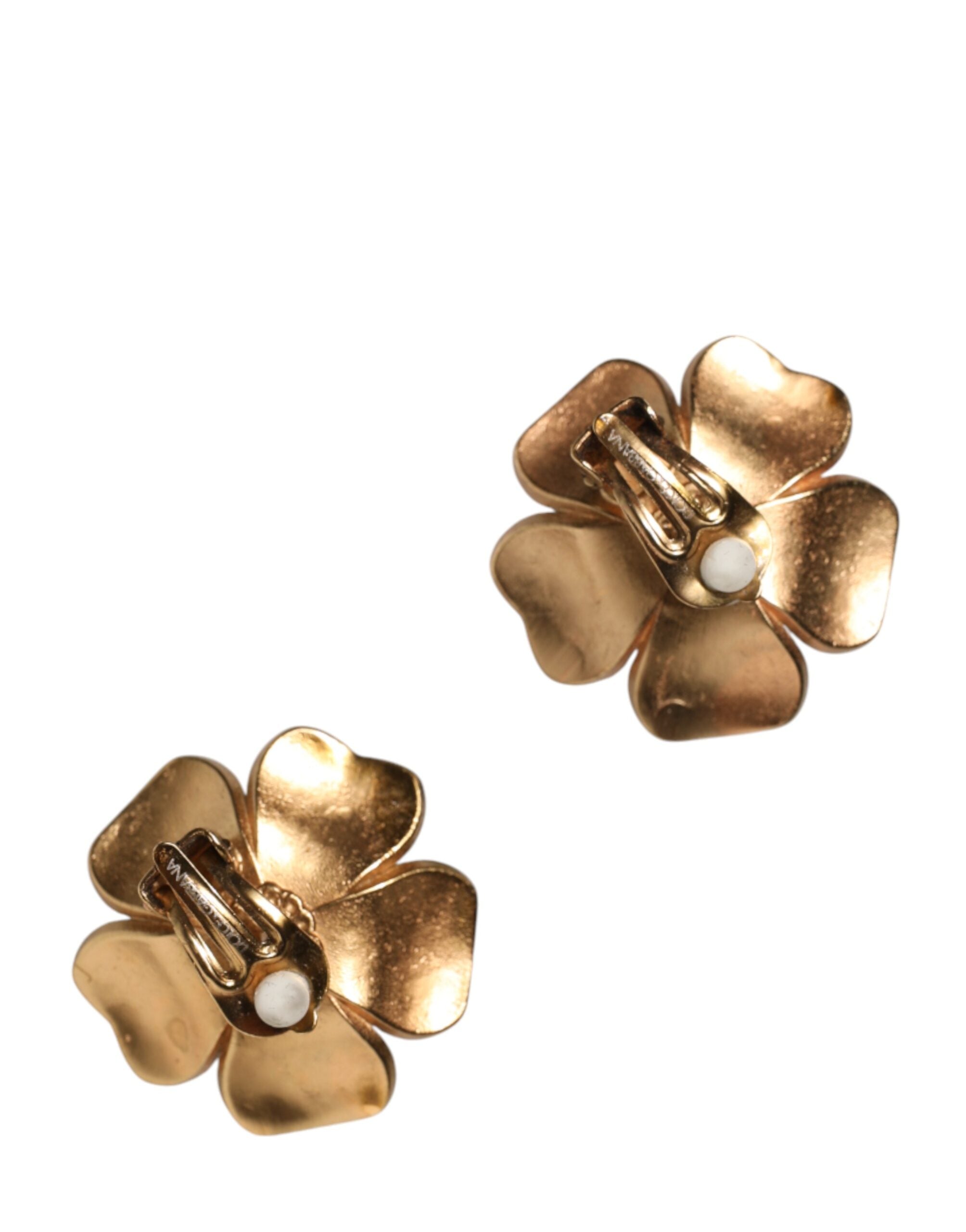 Dolce & Gabbana Gold Tone Maxi Faux Pearl Floral Clip-on Jewelry Earrings