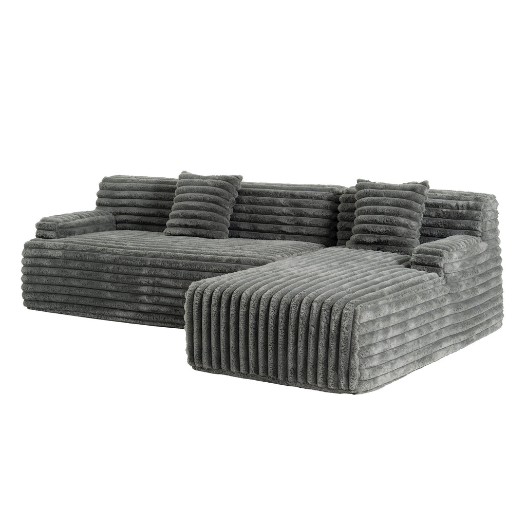 Cloud Sectional Sofa Upholstered Couch with Free-combined Design in Dark Gray Faux Rabbit Fur, 110'