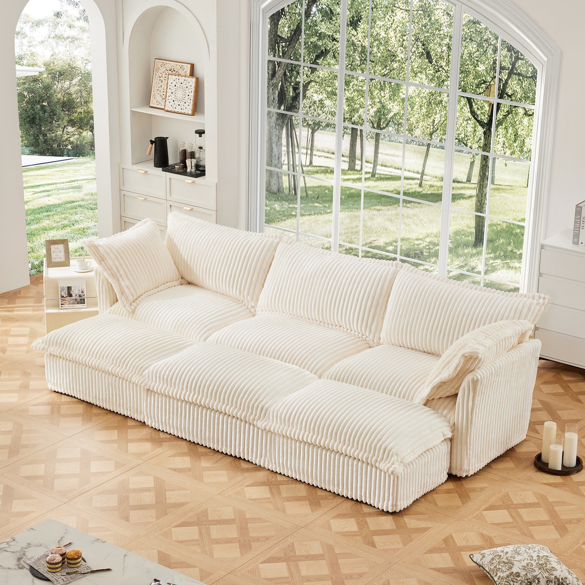 Living Room Sofa Slipcovered Sofa 3 Seater Sofa With 3 Ottomans, Oversized 3-Seat Sleeper Sofa Bed Home Theater Sofa, Corduroy, Cream