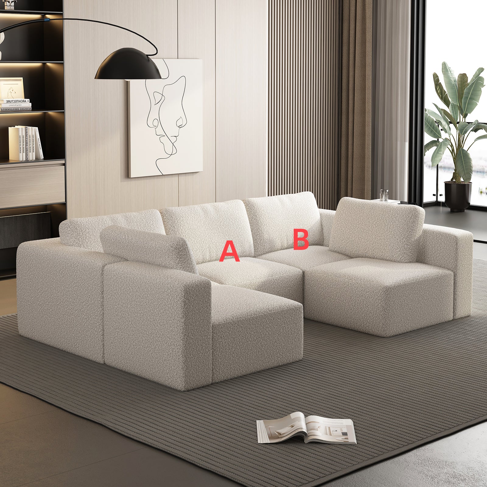 104.32*70.86 Modular Sectional Sofa Sleeper Couch, Sectional Sofa with Chaise and Ottoman, Convertible U Shaped Modular Sofa Set. Compressed sponge, White. (Combo 3A+2B)
