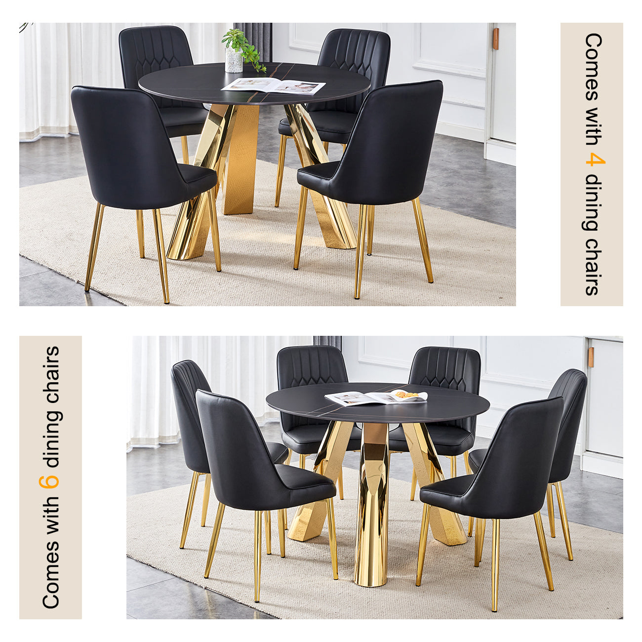 The 42-inch stainless steel gold-plated flamed granite round table with seating for 4 or 6 people is perfect for dining, entertaining, or as a conference table