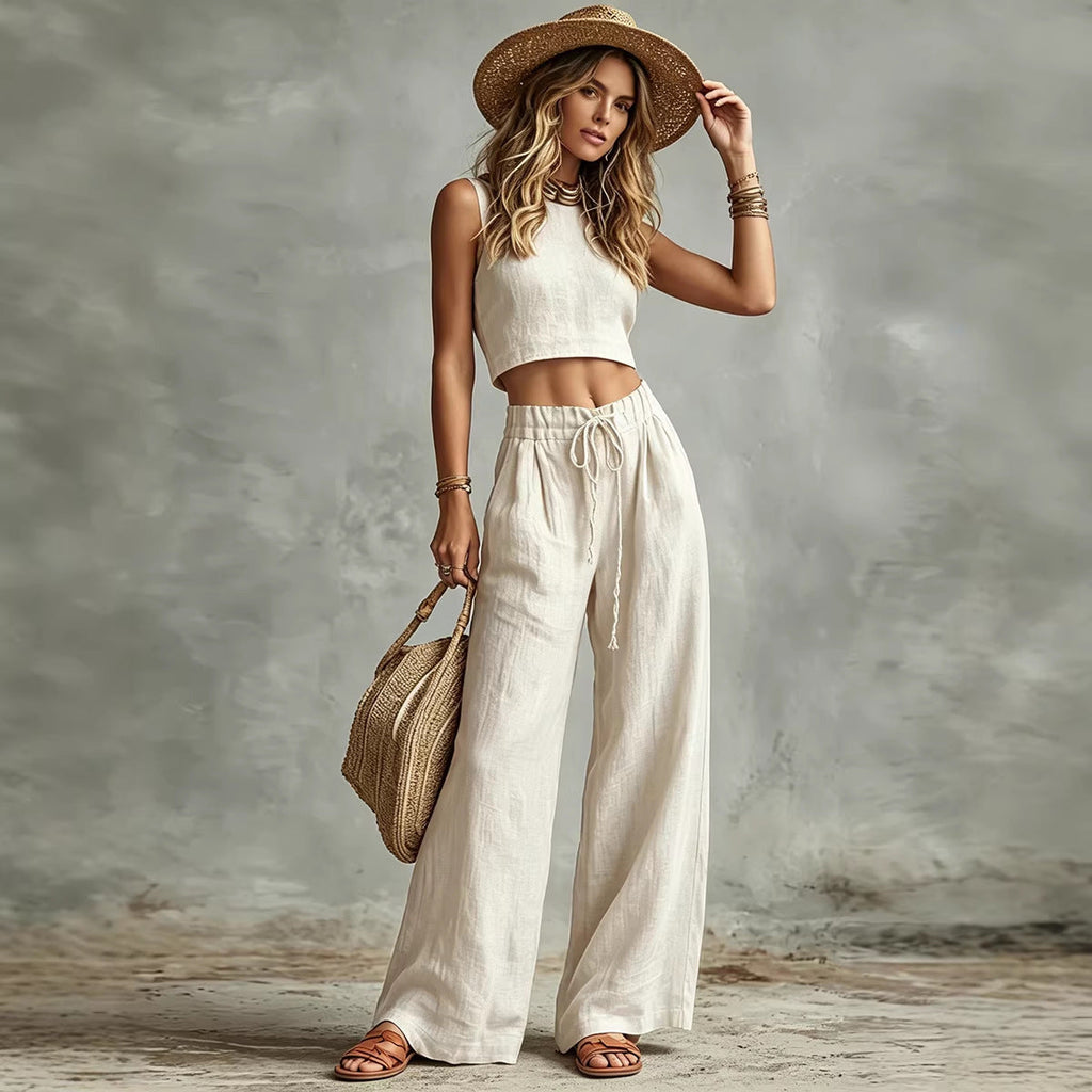 Women's Sleeveless Vest & Drawstring High-Waist Wide-Leg Pants Set