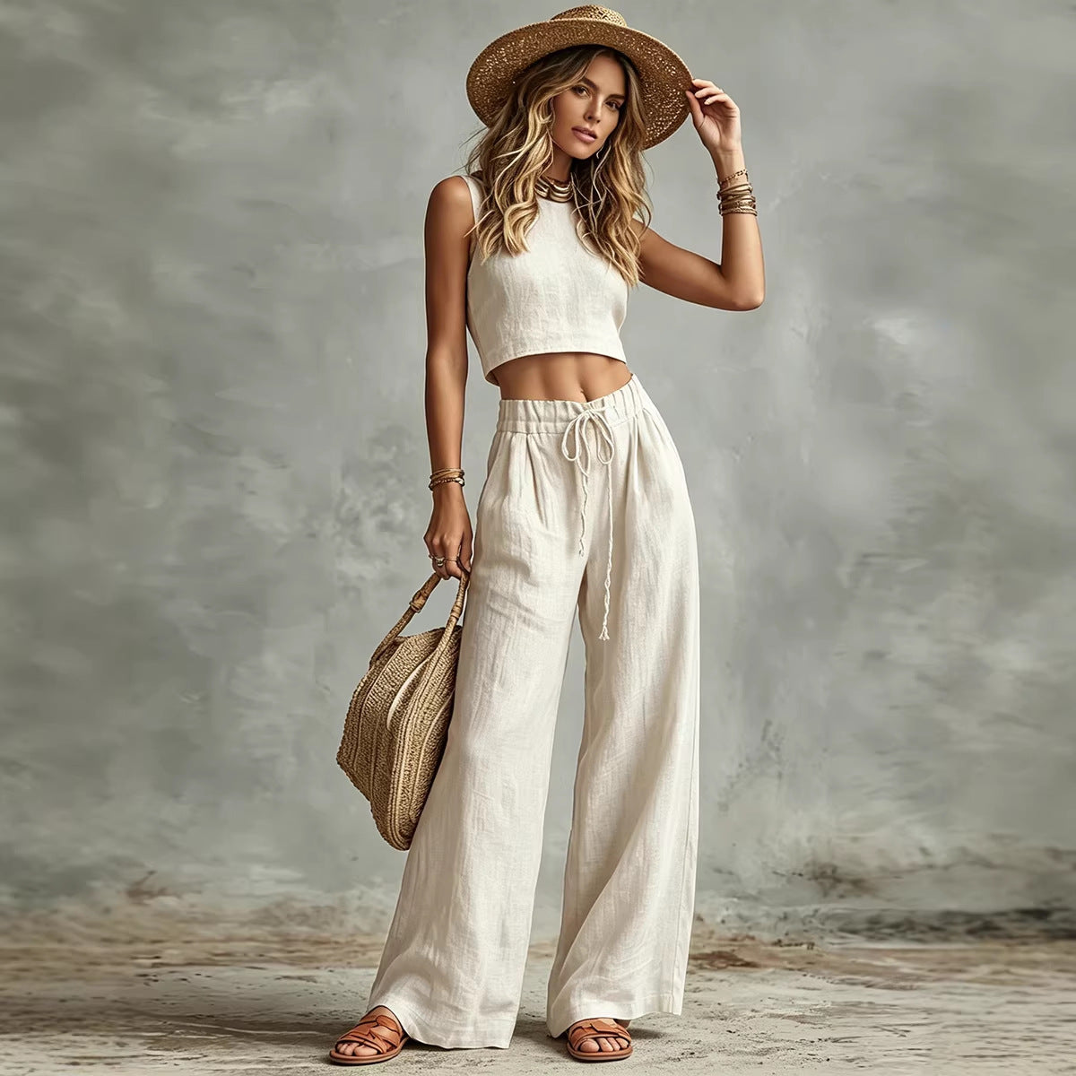 Women's Sleeveless Vest & Drawstring High-Waist Wide-Leg Pants Set