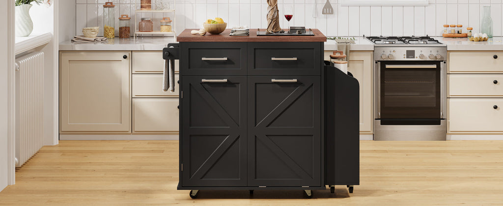 K&K 47.2' Farmhouse Kitchen Island with Drop Leaf, Kitchen Storage Island with Removable Side Racks, Two Drawers, Rolling Kitchen Cart on Wheels with Towel Rack, for Home, Kitchen, Dining Room, Black