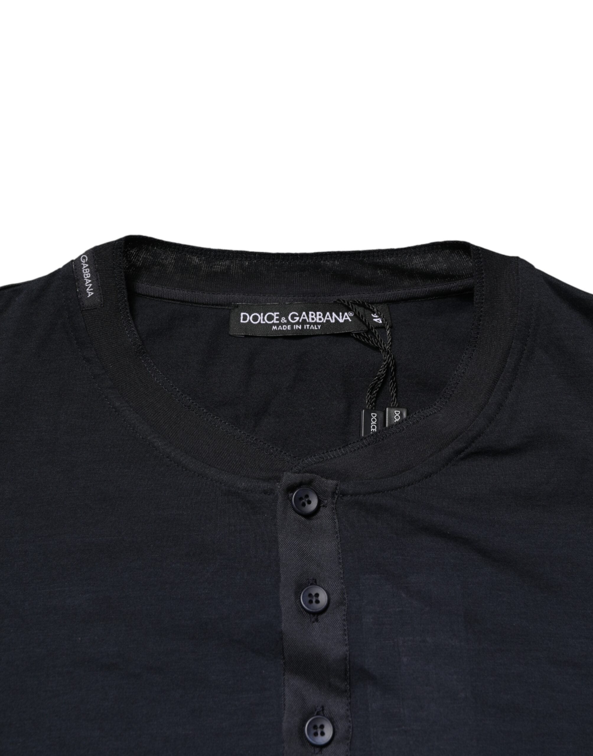 Dolce & Gabbana Dark Blue Cotton Henley Long Sleeves T-Shirt
