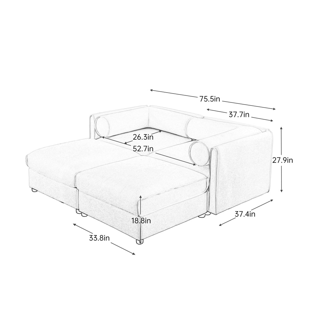 Stylish White Chenille 2-Seater Sofa with 2 Ottoman Storage Seat, Cylindrical Backrest and Armrests, Modern Fabric Loveseat Featuring Hidden Storage Space