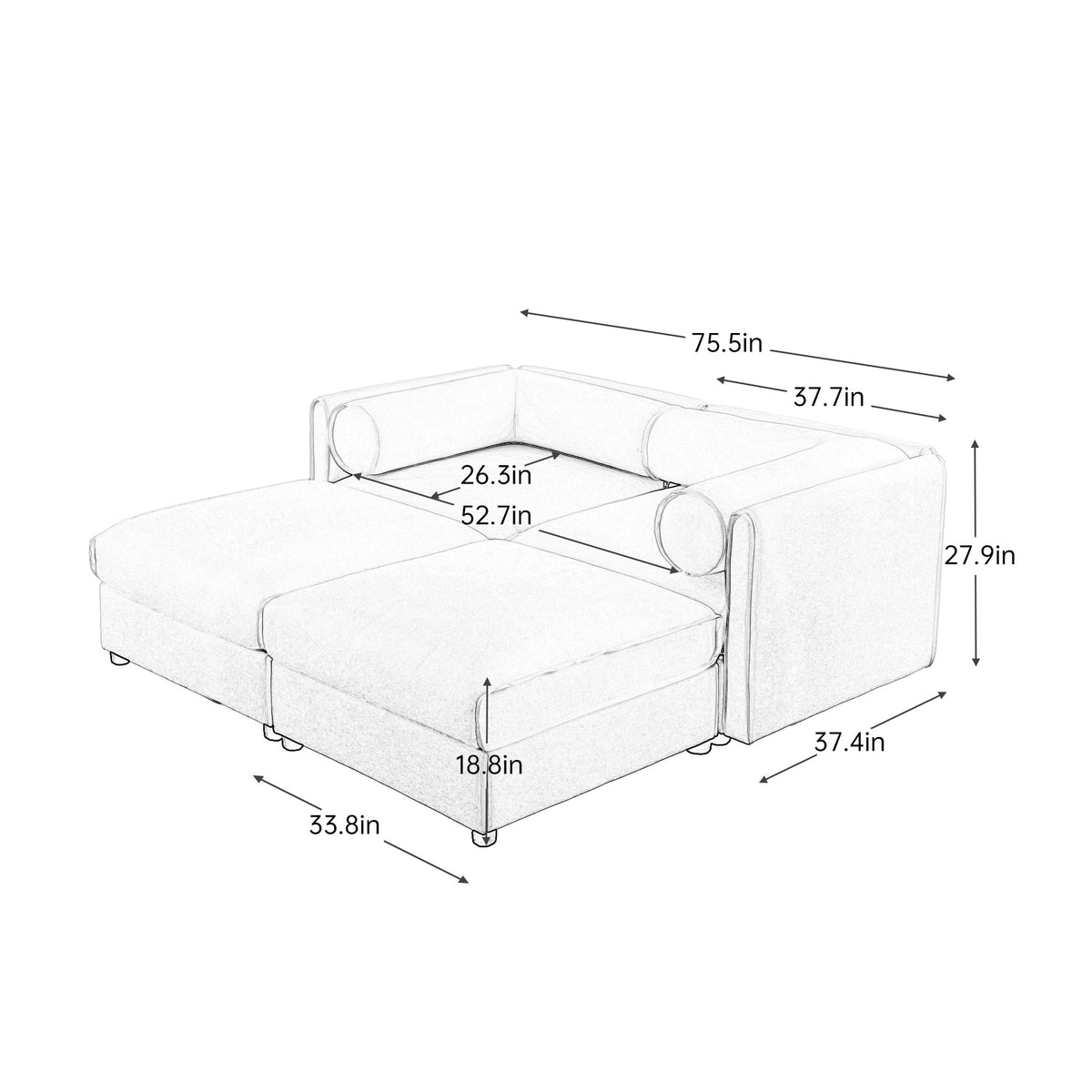 Stylish White Chenille 2-Seater Sofa with 2 Ottoman Storage Seat, Cylindrical Backrest and Armrests, Modern Fabric Loveseat Featuring Hidden Storage Space