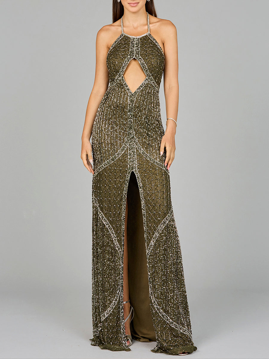 Symmetrical Halter Neck Beaded Gown - OUTLET