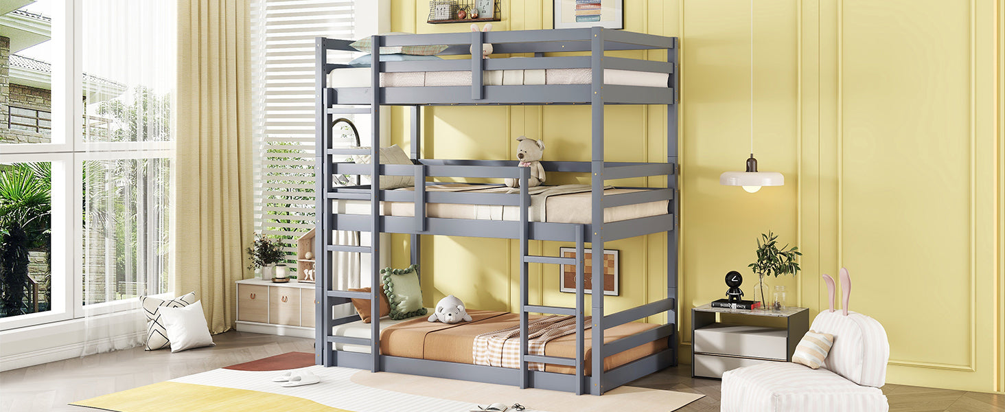 Triple Rubber Wood Bunk Bed with Two Built-in Ladders, Guardrails, Twin over Twin over Twin, Detachable Triple Twin Bunk Bed,Grey