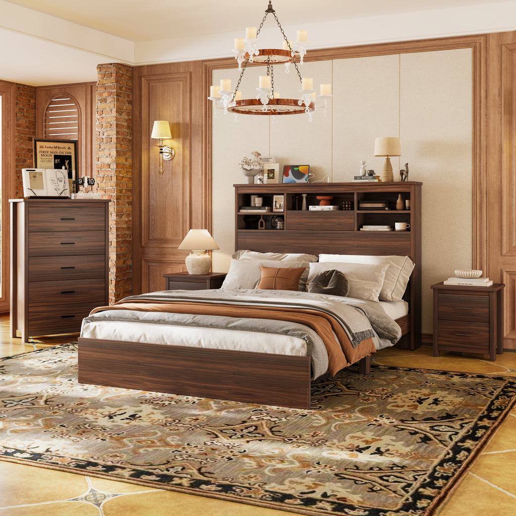 4PCS Bedroom Sets, Wooden Queen Size Bed Frame with Storage Headboard and Charging Station, 2 Nightstands with 2 Drawers, 1 Dresser with 5 Drawers, Walnut(old SKU HL000102AAD)