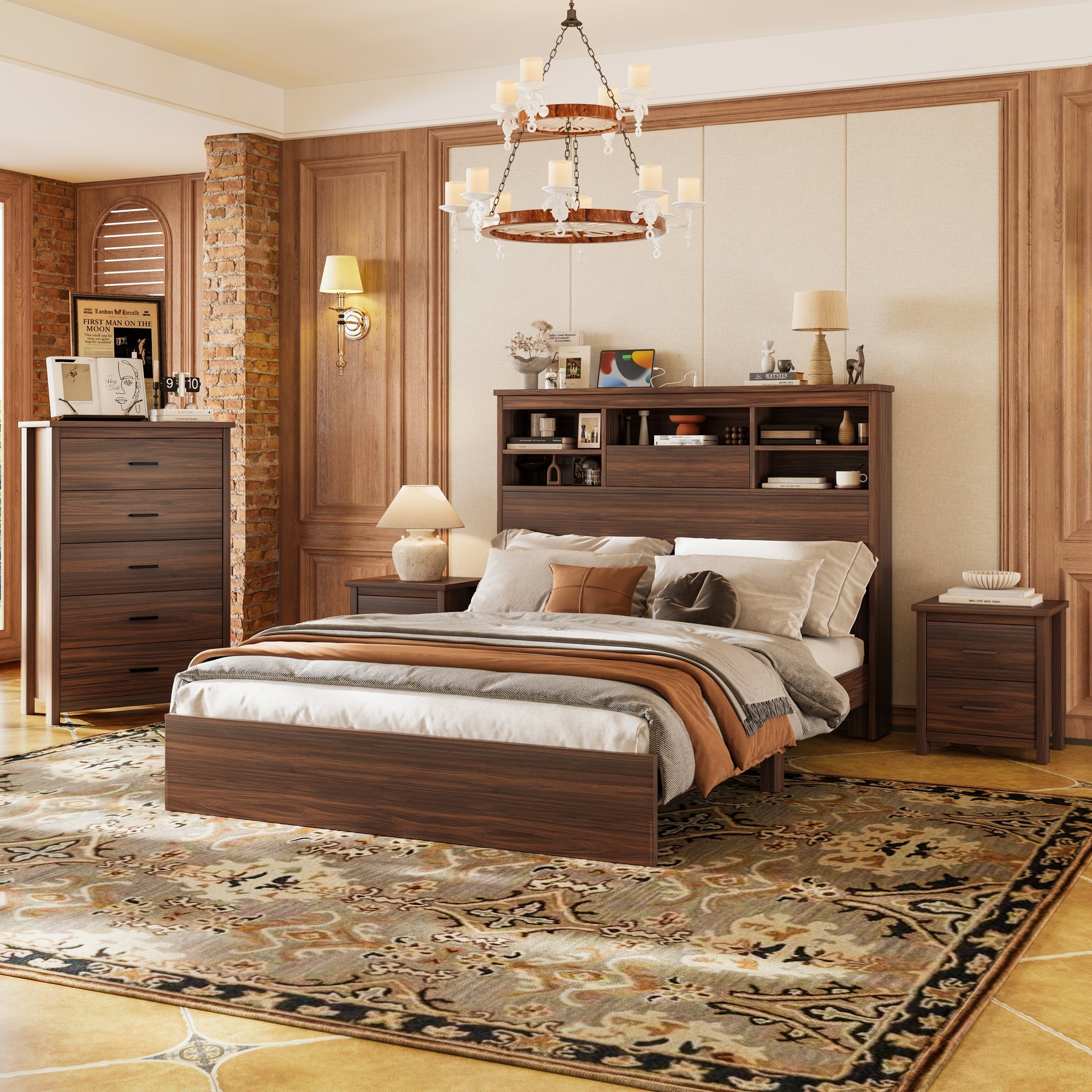 4PCS Bedroom Sets, Wooden Queen Size Bed Frame with Storage Headboard and Charging Station, 2 Nightstands with 2 Drawers, 1 Dresser with 5 Drawers, Walnut(old SKU HL000102AAD)