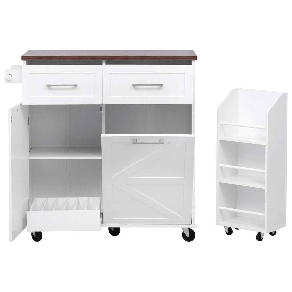 K&K 47.2' Farmhouse Kitchen Island with Drop Leaf, Kitchen Storage Island with Removable Side Racks, Two Drawers, Rolling Kitchen Cart on Wheels with Towel Rack, for Home, Kitchen, Dining Room, White