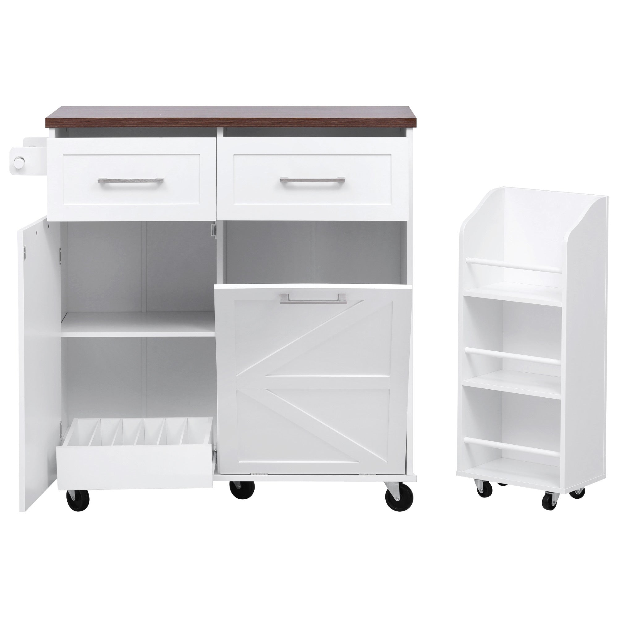 K&K 47.2' Farmhouse Kitchen Island with Drop Leaf, Kitchen Storage Island with Removable Side Racks, Two Drawers, Rolling Kitchen Cart on Wheels with Towel Rack, for Home, Kitchen, Dining Room, White