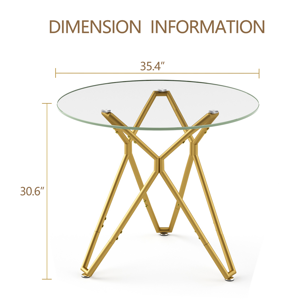 Modern Round Tempered Glass Dining Table with Sturdy Metal Legs for 1-4 People, Gold, 35.4 Inches
